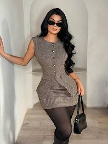 SHEIN SXY Bộ vest nữ cổ tròn cài một hàng khuy họa tiết răng cưa và chân váy ngắn, thời trang cho công sở và đi làm. - Nhiều màu - Xem 3