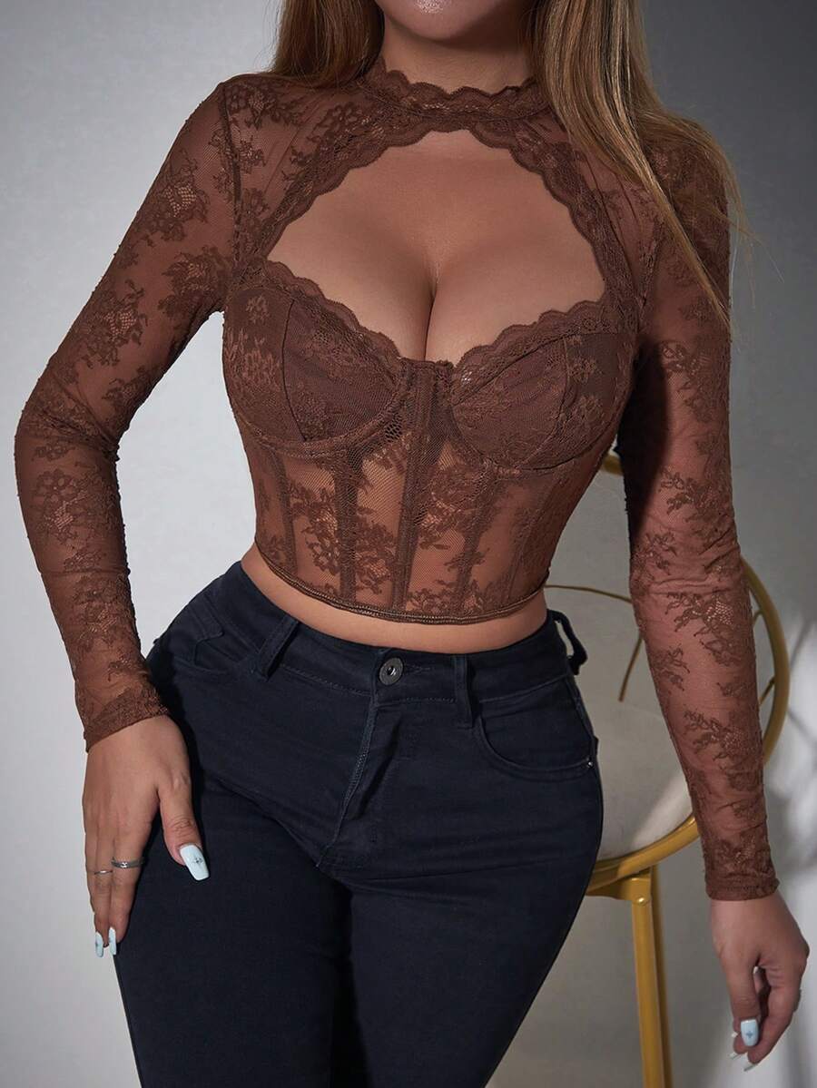 Glamine Women Floral Lace Cutout Long Sleeve Cropped Fitted Fashion Blouse Fall Cloth For Women - Brown - View 1