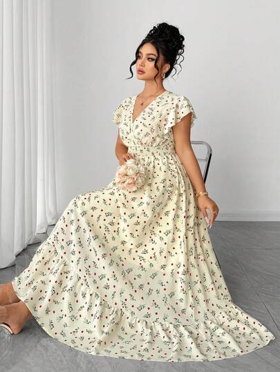 SHEIN Elenzya V-Neck Ruffle Sleeve Ditsy Floral Apricot & Gray Plus Size Dress