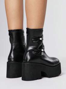 ROMWE 女士时尚百搭蝴蝶结装饰厚底坡跟踝靴 - 黑色 - 查看 5