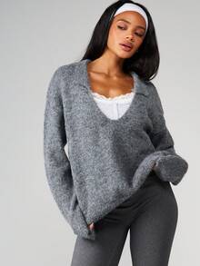 MISSGUIDED Oversized V Neck Collared Long Sleeve Sweater With Soft Fuzzy Knit Texture For Cozy Winter Layering - Grey - View 1