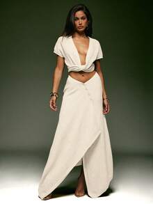 Denimoi 不对称下摆V腰针织半身裙，时尚百搭，适合秋冬季节。 - 米色 - 查看 1