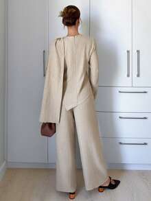 Siren Gaze 女士亚麻衬衫披肩阔腿裤通勤套装，秋冬款 - 卡其色 - 查看 2