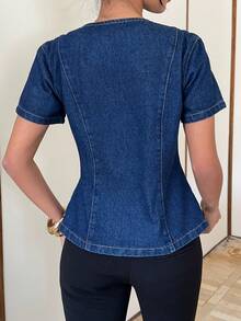 Siren Gaze 女士前扣短袖牛仔夹克 - 深色水洗藍 - 查看 3