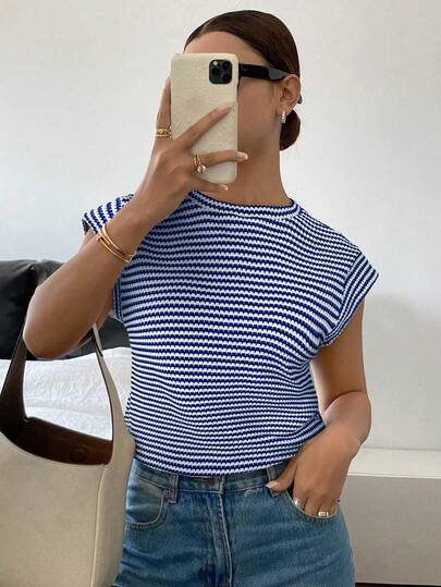 Siren Gaze Camiseta casual de mujer de cuello redondo a rayas, de verano