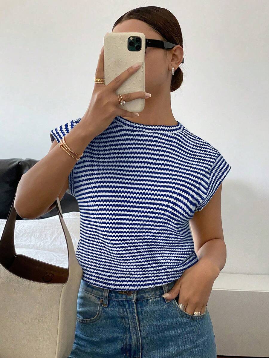 Siren Gaze Women's Casual Striped Round Neck T-Shirt, Summer - Blue and White - View 1