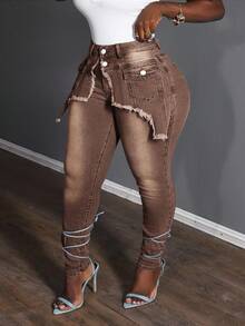 Slaydiva Jeans de talla grande con lavado desgastado y ajuste delgado 2 en 1 - Café integral - Ver 2