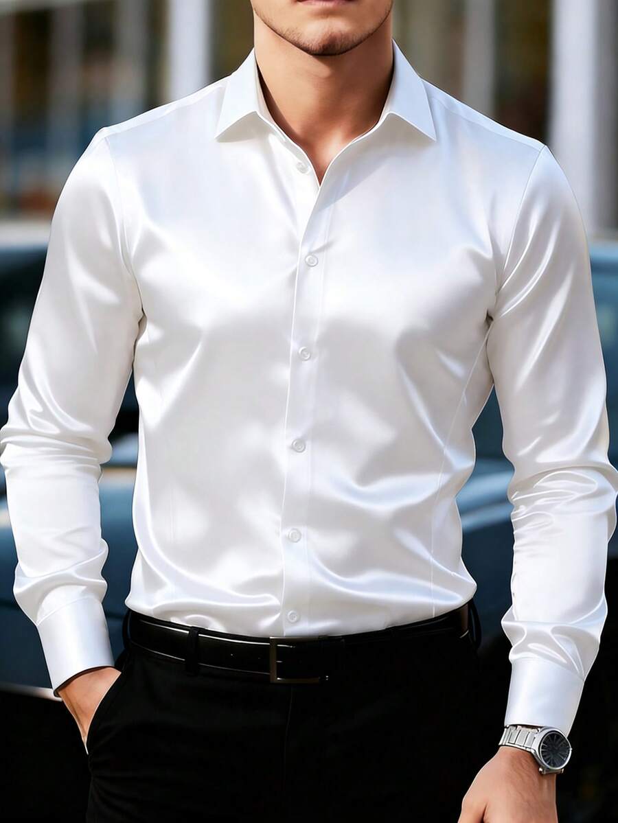 Manfinity Mode Men's Textured Design Casual Business Long Sleeve Shirt White And Gold Dress Shirt Men Business Shirts Satin Men Shirt White Collar Shirt Business Casual Men Shirt Old Money,Daily Leisure, Weekend Trips, Outdoor Activities, Travel Expeditions, Relaxed Work Environments Or Semi-Formal Occasions, Boyfriend/Husband Gift, Anniversary /Birthday Gift Party Christmas New Years Wedding White Satin Shirt Men White Business Shirt Mens Dress Shirt