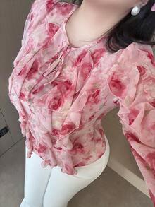 Vibekara Casual Elegant Romantic Rose Ruffle Trim Loose Fit Flattering Plus Size Women Blouse, Pink