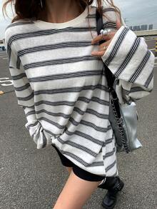 DAZY 休闲条纹宽松长袖圆领女式T恤 Y2k - 藏蓝色 - 查看 5