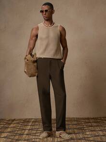 AKNOTIC X Nawaf Alabid 男士亚麻梭织休闲松紧腰直筒裤，适合夏季、度假、日常穿着、派对、情侣装、男士礼物 - 咖啡棕 - 查看 5