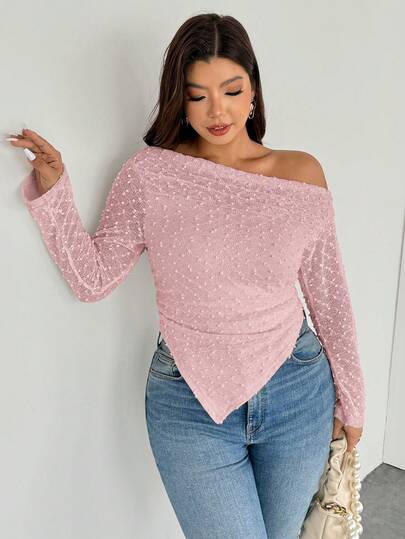 Firerie Plus Size Women Elegant Romantic Tie Dye Print Long Sleeve Asymmetrical Hem T-Shirt Pink Off Shoulder Top