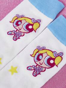 THE POWERPUFF GIRLS X SHEIN 1 Pair Women Cartoon & Letter Graphic Blue Calf Socks - Multicolor - View 3