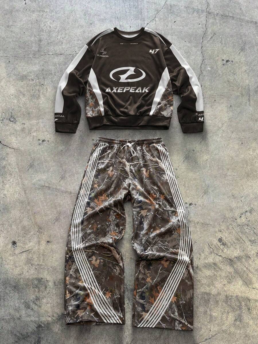 Men's AXEPEAK Casual Pullover Pullover Sweatshirt + Fashionable Wide-Leg Pants Set