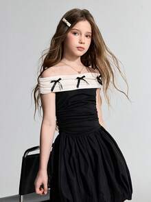 SHEIN Tween Girl Knit Color Block Bow Decor Off-Shoulder Elegant Dress - Black - View 6