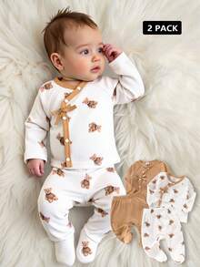 SHEIN 2pcs Baby Boy Casual Multifunctional Comfortable Cute Round Neck Long Sleeve Top + Pants Set, Khaki Bear Print Pattern Bow Baby Outfit, Infant, Baby Boy All Season Set Baby Set Autumn Winter Season Baby Summer Sets Mocha Baby Clothes Neutral Baby Clothes Unisex Teddy Bear Baby Clothes Baby Long Sleeve Outfit - Multicolor - View 3