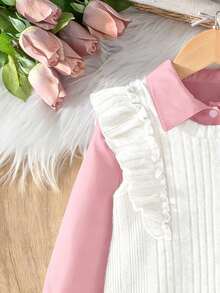 2pcs/Set Young Girls Pink Long Sleeve Shirt Dress & White Ribbed Camisole Dress, Adorable Ruffle Design, Convenient Side Slit - Pink - View 6