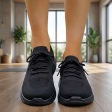 Mujer Zapatillas Deportivas De Tejido De Punto Transpirable Con Cordones Suela Gruesa Negro - Negro - Ver 3