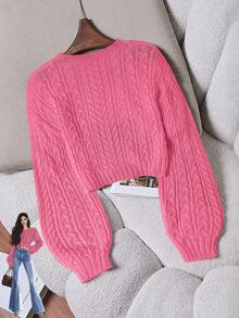 SHEIN Franclia Áo len chui đầu tay đèn lồng cổ tròn xoắn dây thời trang trẻ trung, đơn giản, đa năng, dễ mặc khi đi làm cho nữ, mùa thu/đông - Màu Hồng  Dưa hấu - Xem 2