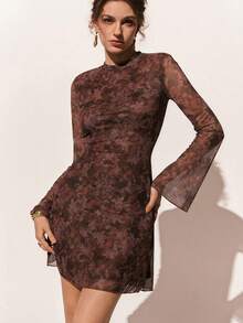 Poéselle Women's Mini Dress With Stand Collar, Straight Shoulders, Flared Sleeves, Slim Fit, And All-Over Floral Print - Red Violet - View 1