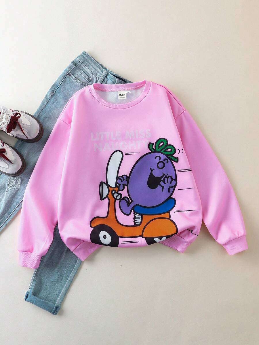 Mr Men Little Miss X SHEIN Tween Girls' Casual Cartoon & Letter Graphic Crew Neck Sweatshirt, Autumn - Pink - View 1
