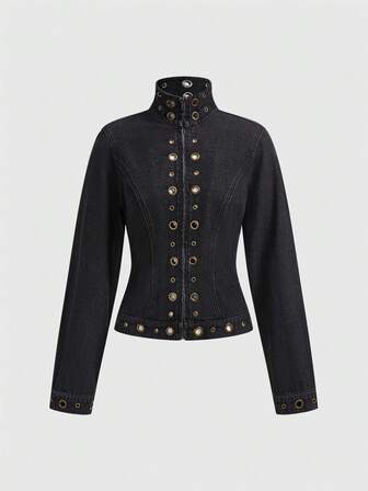 J-Fashion Chaqueta vaquera vintage desgastada con remaches, estilo punk rock y motero para mujeres