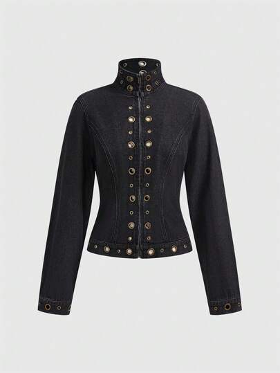 J-Fashion Vintage Distressed Rivet Punk Rock Biker Denim Jacket For Women