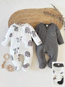SHEIN 2件套男婴白色和灰色可爱大象印花圆领长袖连体衣，适合秋冬季外出穿着，舒适百搭