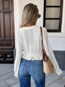 Pariaura Women's Solid Color Round Neck Long Sleeve Hollow Ruffled Hem Casual Sweater - White - View 2