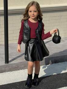 3pcs/Set Young Girls Punk Style Sleeveless PU Leather Jacket, Long Sleeve Top & Leather Skirt, Daily Wear Spring/Summer - Black - View 1