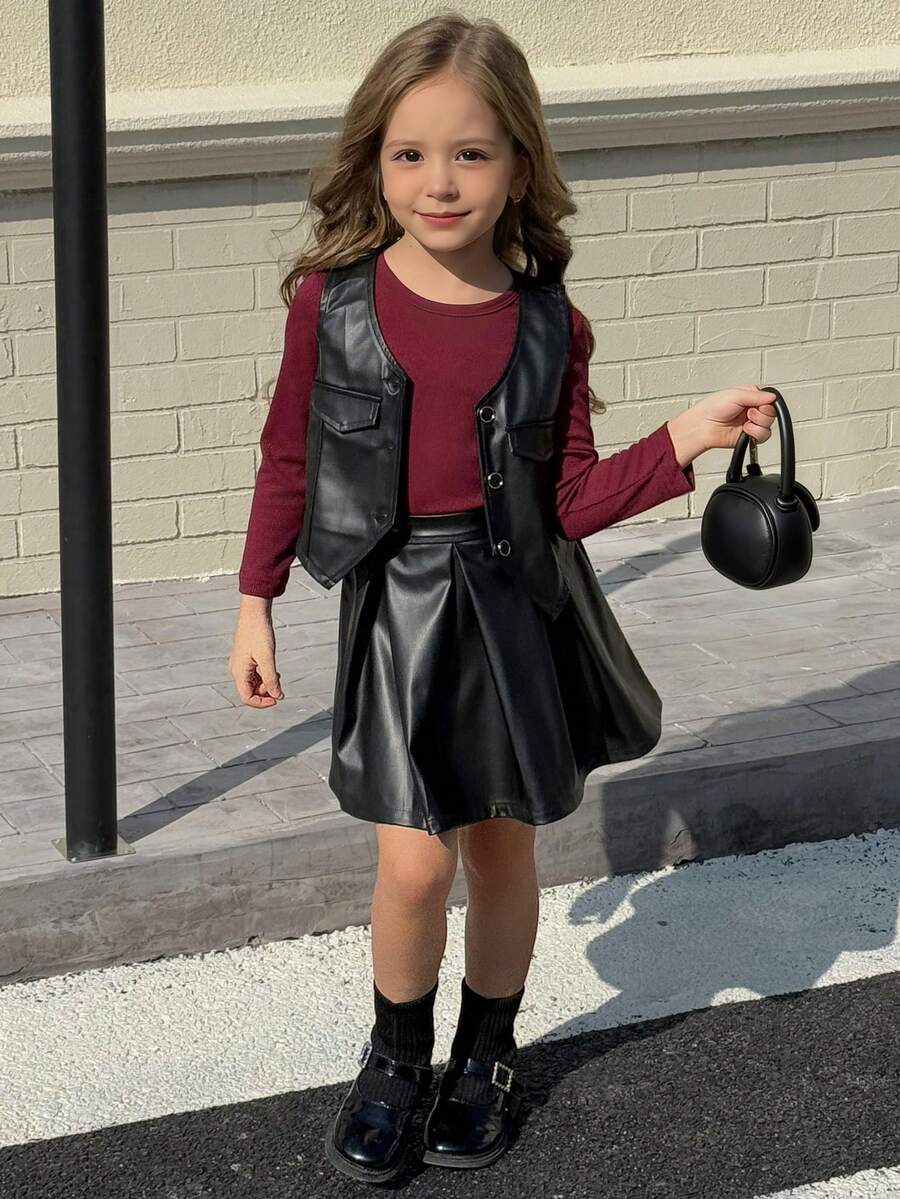 3pcs/Set Young Girls Punk Style Sleeveless PU Leather Jacket, Long Sleeve Top & Leather Skirt, Daily Wear Spring/Summer - Black - View 1