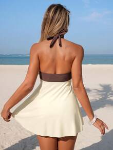 SHEIN Swim Lushore 女士时尚撞色拼接吊带泳衣，裙式上衣，沙滩休闲海边装 - 彩色 - 查看 3