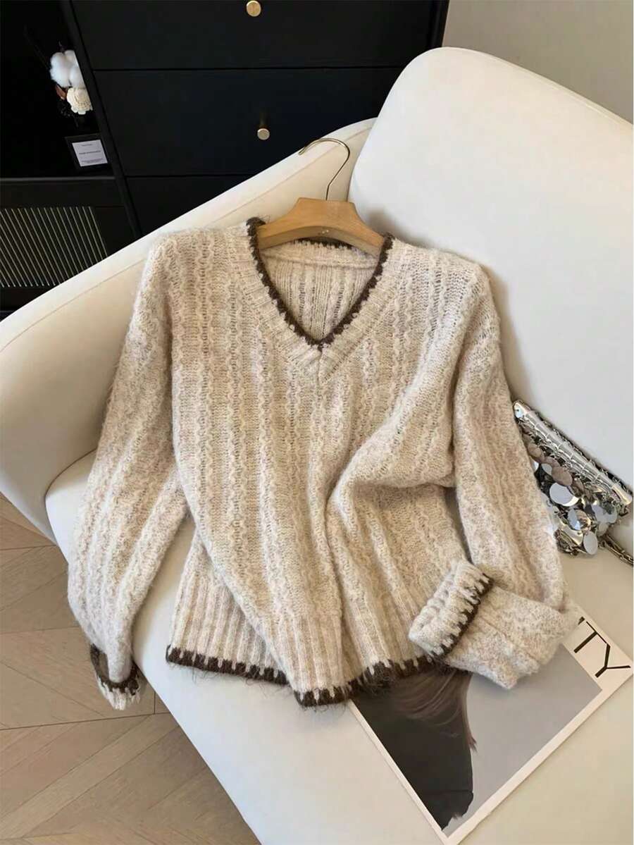 SHEIN Frenchy Women's Casual  Contrast Color V-Neck Drop Shoulder Long Sleeve Sweater, Autumn/Winter ,Autumn/Winter For Women,Going Out ,Chic Sweater, Fall For Women,New Year ,Party,Graduation ,Casual, Prom ,Going Out Tops Winter Casual, All Season ,New Year Clothes,Sweaters For Women - Multicolor - View 1