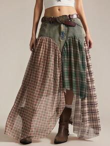 Easelle 女士休闲拼接格纹不对称下摆牛仔裙 - 藍色 - 查看 10