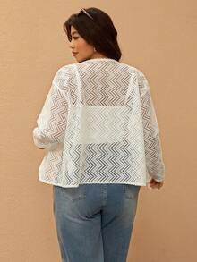 Elaquor 大码休闲纯色蕾丝开衫 - 米色 - 查看 2