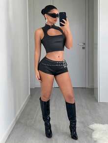 Jeanoix Fashionable Y2K Sexy Hollow Out Stretchy Fitted Women Coated Top - Black - View 3