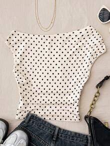 Teen Girls Apricot Knit Casual Minimalist Polka Dot Print Asymmetric Ruched Cropped Top, Suitable For Spring/Summer, Casual, Personalized Styling, Daily Wear Cute Top Tops Cute Asymmetrical Top Girls Cute Tops For Summer Polka Dot Top - Apricot - View 2