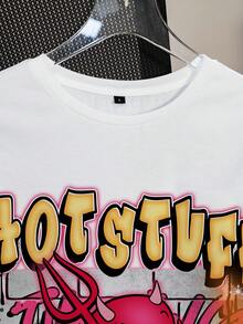 HOT STUFF X SHEIN 女士休闲时尚街头风日常通勤卡通恶魔字母印花短袖白色T恤 - 白色 - 查看 4
