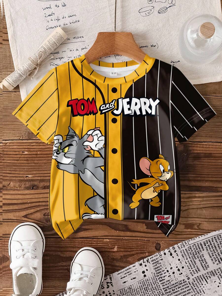 TOM & JERRY X SHEIN Young Boy Casual Colorblock Striped Cartoon Print Round Neck Short Sleeve T-Shirt, Summer - White - View 1