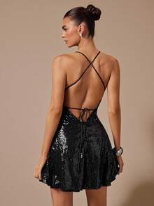SHEIN BAE Women's Fashionable Party Sequin Backless Halter Mini Dress - Black - View 2