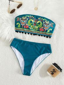 Swim Vcay 两件套女士夏季沙滩装，包括无肩带带垫上衣和波西米亚风比基尼泳裤，适合节日波西米亚风穿着。 - 水鴨藍 - 查看 3