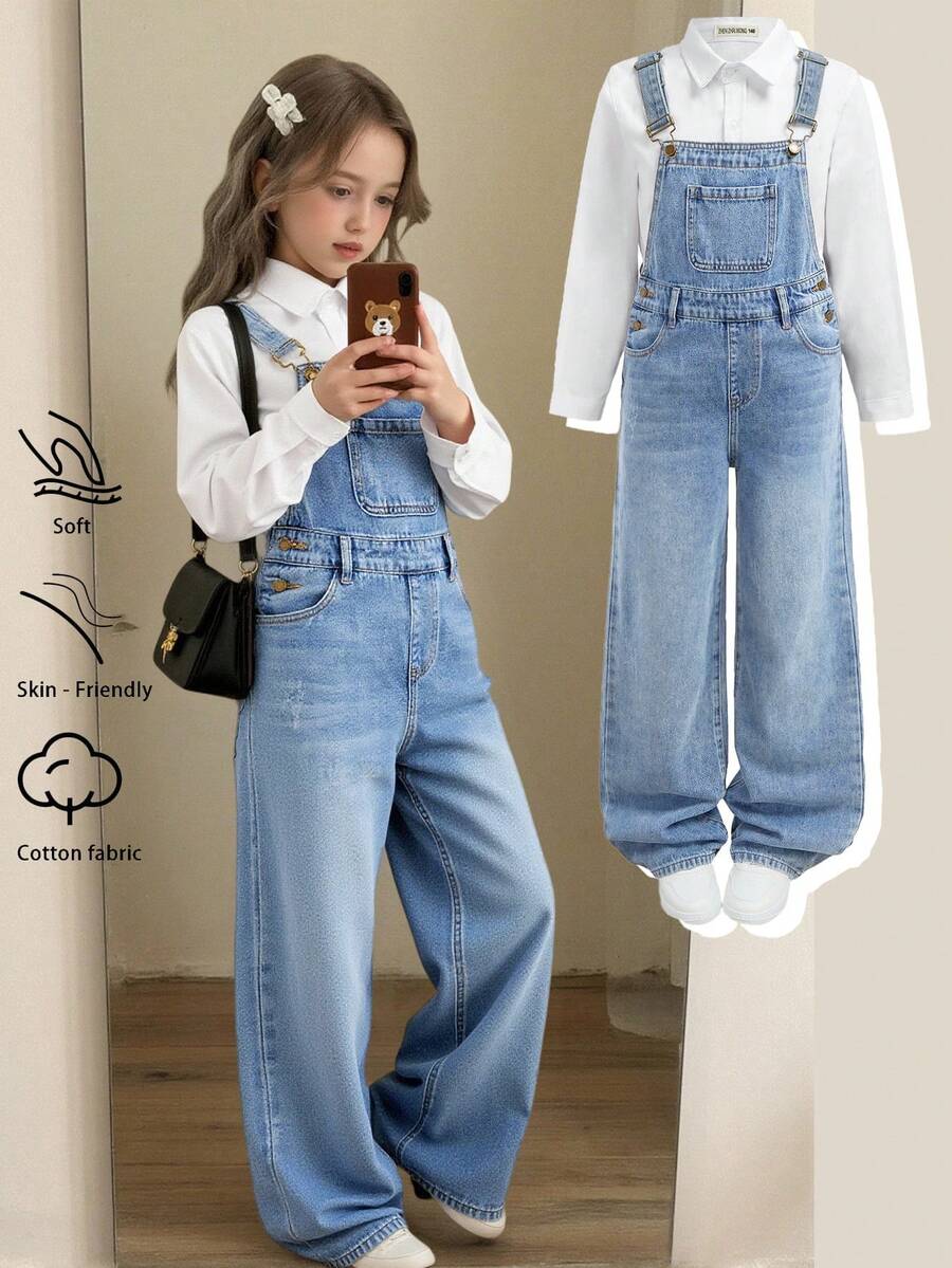 SHEIN Tween Girls' Casual Loose Fit Wide Leg Blue Denim Overalls With Pockets - Light Wash - View 1