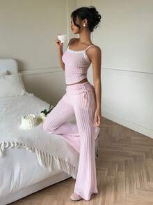 CovetEZ 2pcs/Set Women Casual Pink Camisole & Pants Set Women's Casual Wear Set, 2026 New Style, Pink Comfortable Lace Fashionable Versatile Basic Casual Pink Camisole And Flared Drawstring Fold-Up Long Flared Pants Set - Pink - View 7