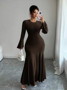 Elenzga Plus Size Elegant Solid Color Flare Sleeve Fishtail Hem Dress, Autumn - Brown - View 7