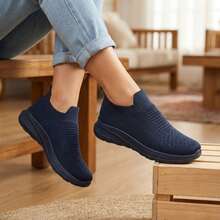 Mujer Zapatillas Deportivas Slip On De Tejido De Punto Transpirable Tipo Calcetín Suela Gruesa Azul Marino - Azul Marino - Ver 5