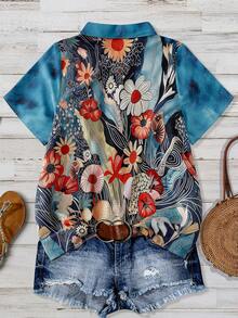 SHEIN LUNE CURVE New Printed Short Sleeve Shirt, Street Style & Vacation, Plus Size, Spring/Summer - Multicolor - View 2