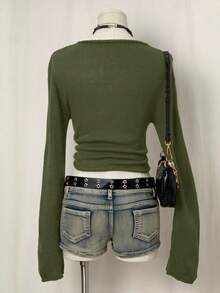 EgrlEra Áo len cổ tròn Jacquard họa tiết ngôi sao năm cánh dành cho nữ - xanh quân đội - Xem 2