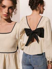 Poéselle Áo cánh thời trang nữ có nơ trang trí, cổ vuông và tay áo lồng đèn - Màu be - Xem 9