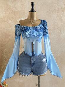 Soleia 度假针织网眼豹纹花卉印花喇叭袖露肩开衩女式上衣 - 彩色 - 查看 3