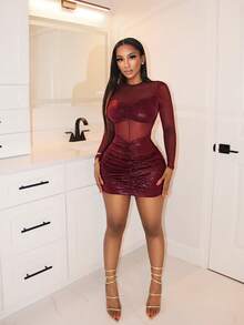 BamGleam Rund halsringning, transparent lapptäcke, ihålig, atmätande, rynkad miniklänning, sexig klubbstil - Röd - Visa 4